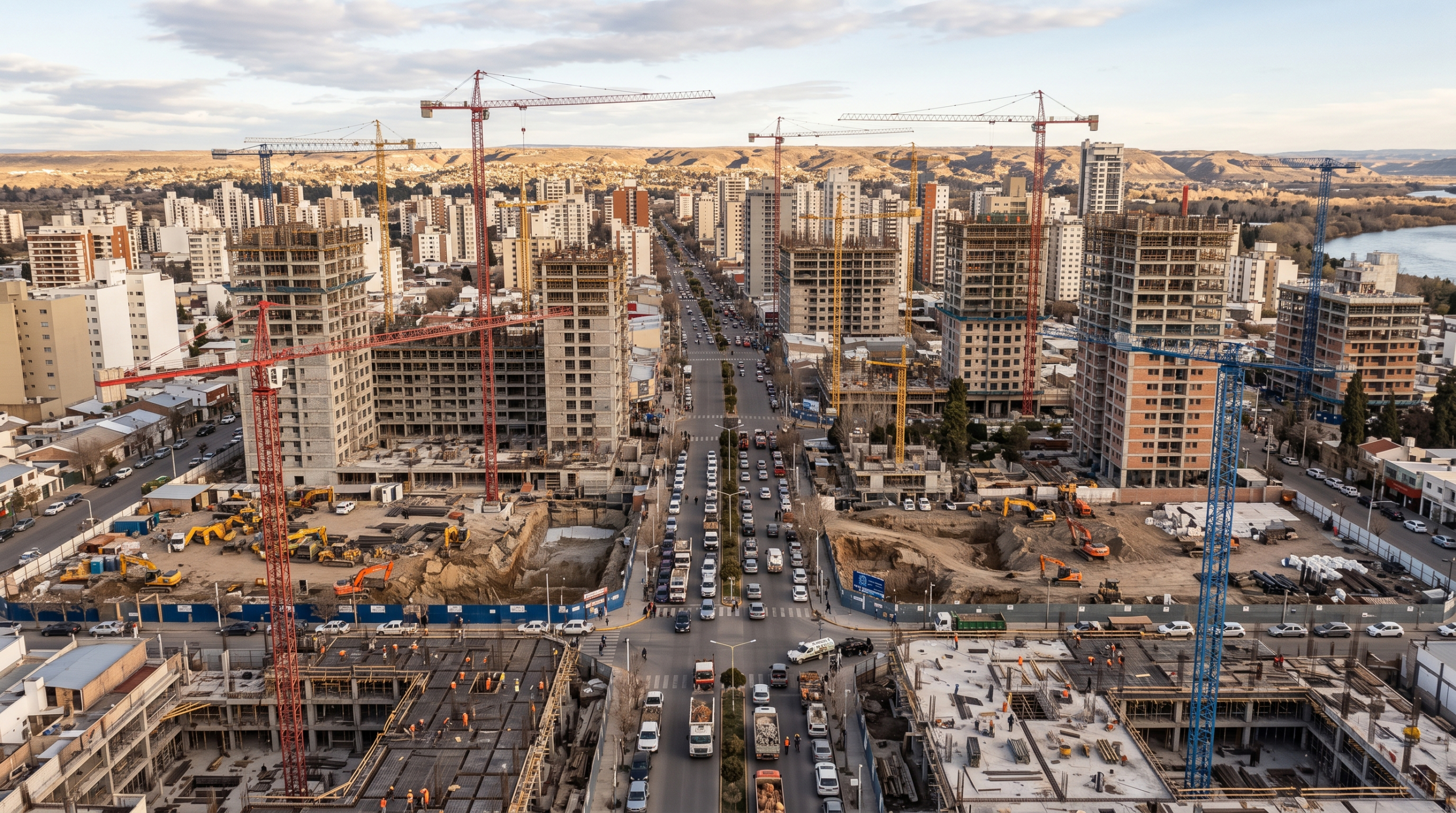 Skyline de Neuquén Capital con grúas de construcción activas